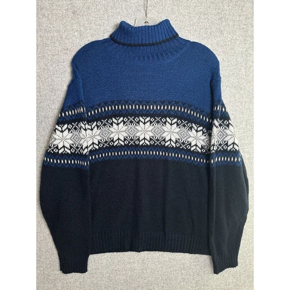 Vintage Carolyn Taylor Sweater XL Fair Isle Blue White Long Sleeve Turtleneck